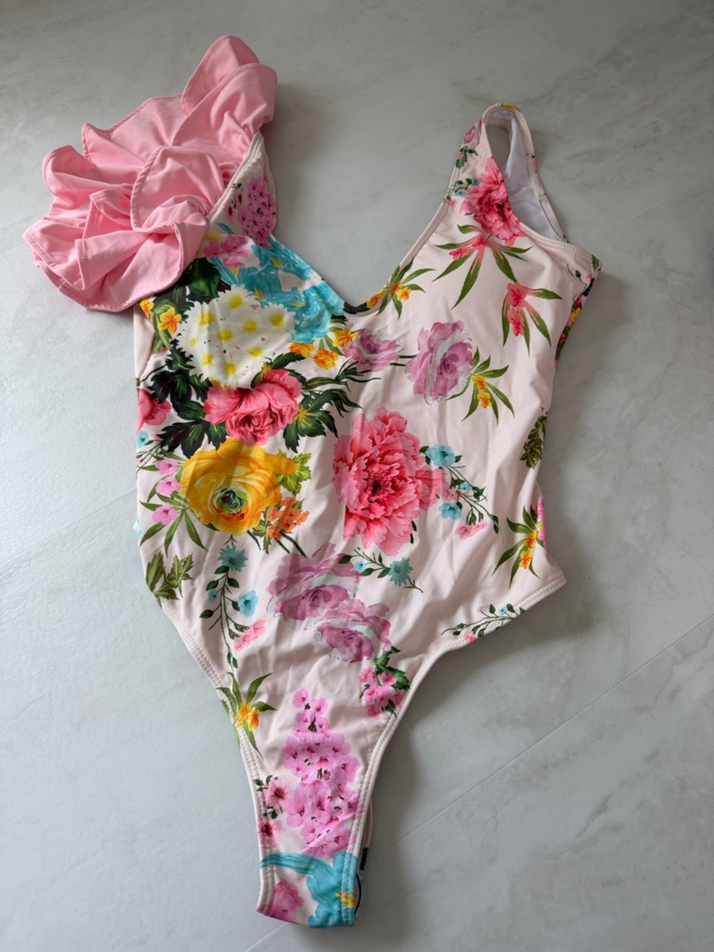 Pink Floral One-Piece Swimsuit with Ruffle Detail